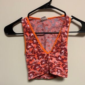 Floral V-Neck Crop Top - Orange and Red
